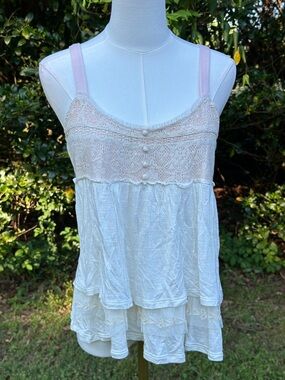 American Eagle Outfitters Cream Tiered Lace Cami with Pink Straps Babydoll Shirt